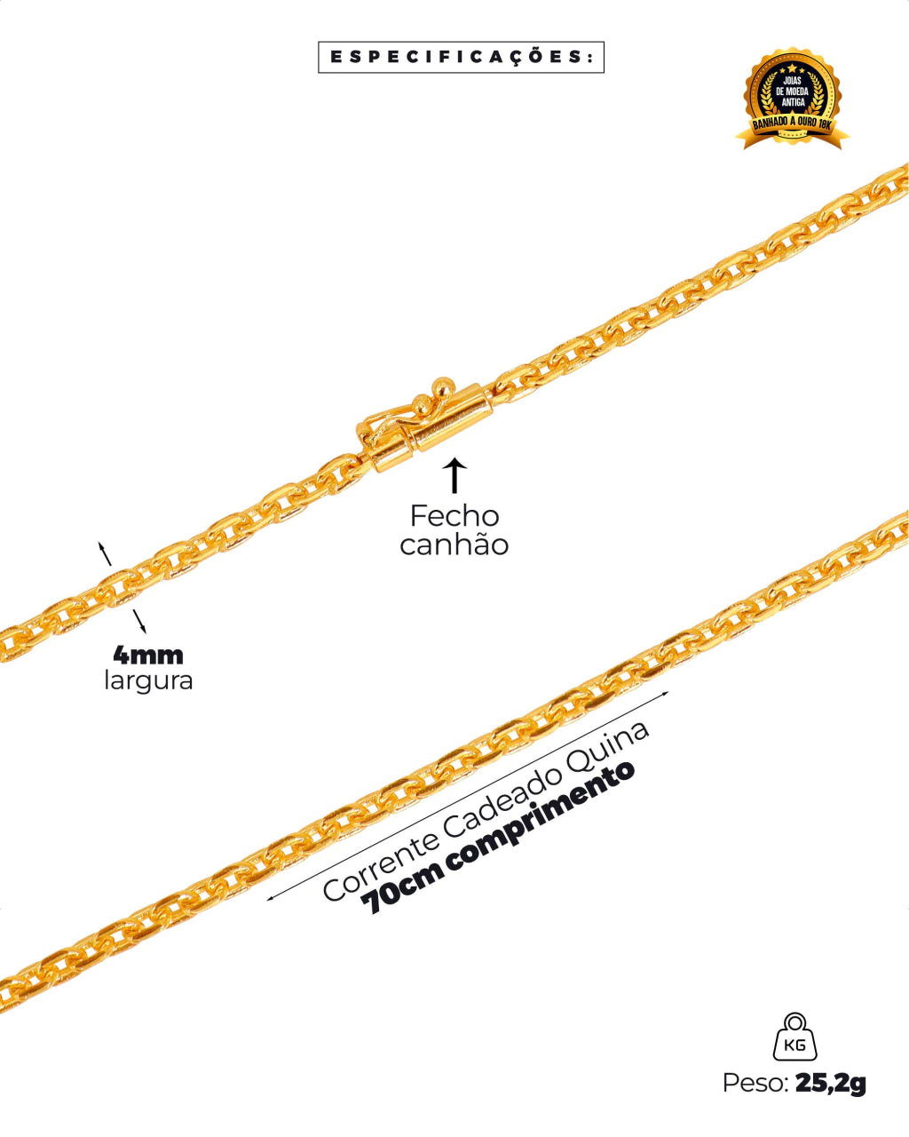 CORRENTE BANHADA: CADEADO QUINA 4MM