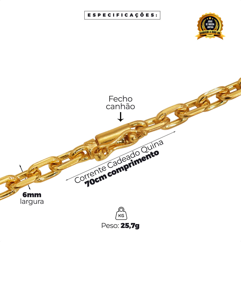 CORRENTE BANHADA: CADEADO QUINA 6MM